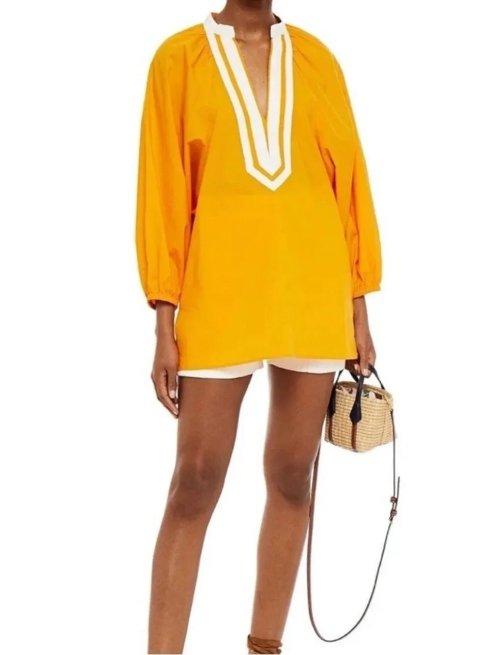 TORY BURCH Puffed Sleeve Tunic Vine Orange Size Small 100% Cotton NWT